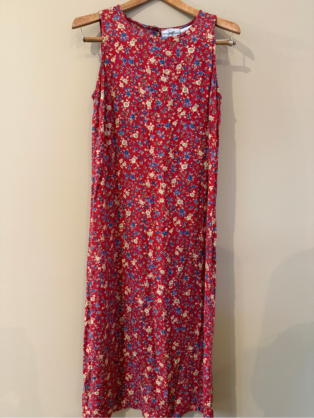 Vintage 90s Studio Ease Red Ditsy Floral Rayon Maxi Dress Size 6